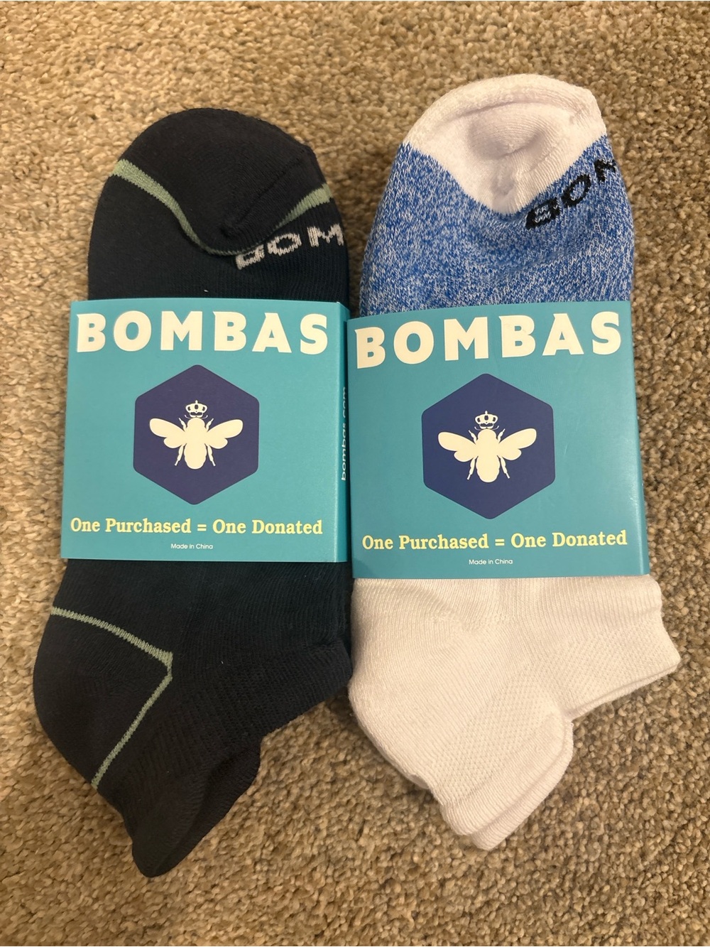 Bombas womens No-Show Socks — Black with Green Trim & White with Blue Marled Top